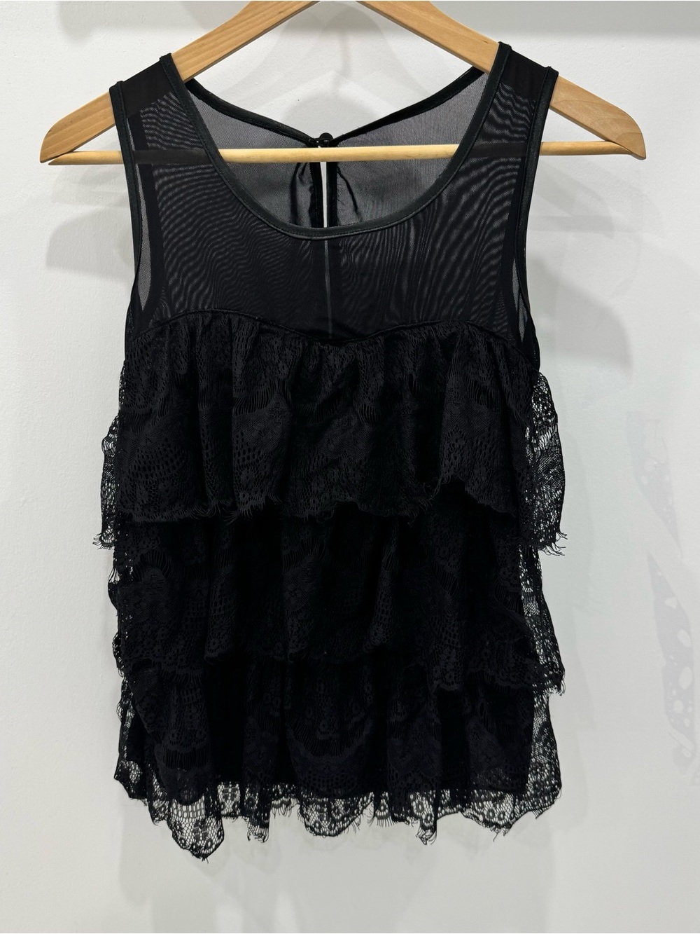 Naf Naf Black Lace Mesh Sleeveless Tiered Ruffle Tank Top Sheer Blouse
